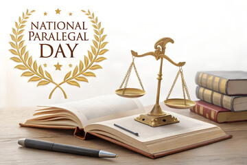 Elegant Legal-Themed Composition Celebrating National Paralegal Day with Golden Scales of Justice, Open Law Book, Pen, and Laurel Wreath Symbolizing Integrity and Knowledge