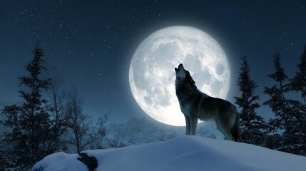 Lone wolf howling on snowy hill under glowing full moon in winter wilderness, symbolizing strength, freedom, and survival in nature&rsquo;s frozen landscape.