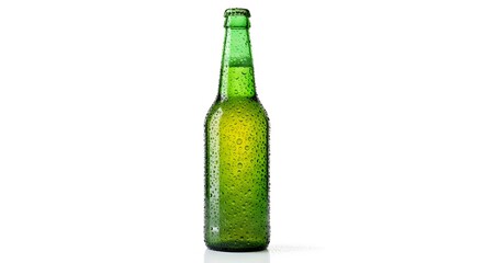 A single green beer bottle covered in condensation droplets isolated on a bright white background