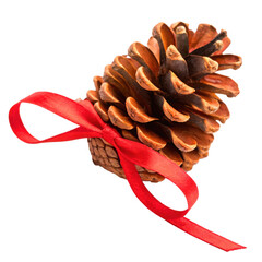 Flowers and Leaves in Christmas New year PNG concept. A pine cone adorned with a red ribbon, resembling a festive decoration.