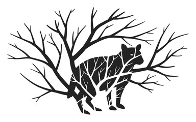 Minimalist Negative Space Animal in Tree Branches Vector Art, Hidden Wildlife Optical Illusion