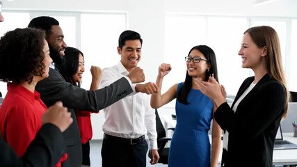 Happy diverse business team cheering and clapping, celebrating a successful outcome together. - Powered by Adobe