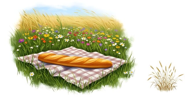 A baguette on a checkered blanket surrounded by wildflowers and tall grass in a field illustration