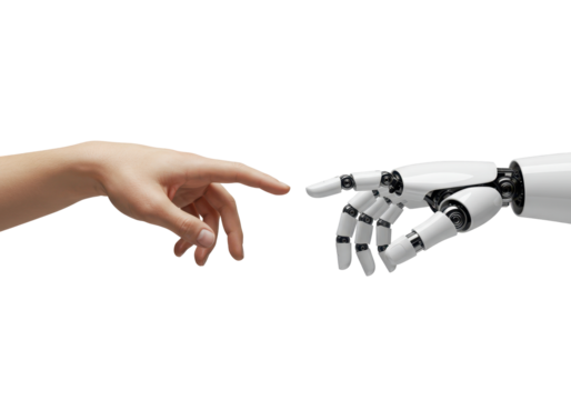 Isolated Human and Robot Hand Touching Fingers, Artificial Intelligence, Connection, Future Tech