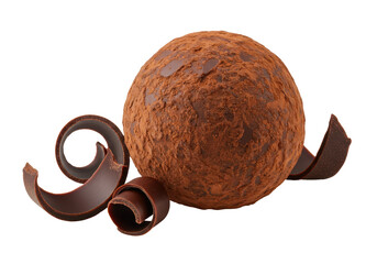 Isolated truffle confectionery dessert with chocolate curls and cocoa powder dusting, rich tasty