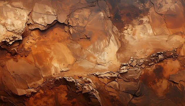 A close-up view of rough rock formations with brown and orange hues, cracks visible across the surface, and a textured appearance