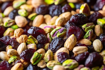 A close-up of a medley of dry fruits, focusing on the contrasting textures and colors of pistachios and dried cherries.