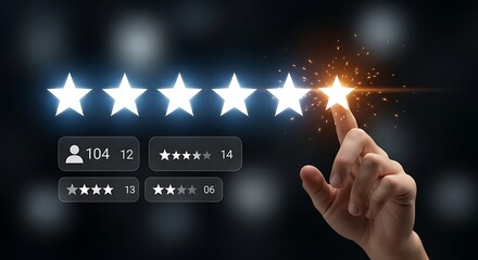 Hand giving five star rating on virtual interface, symbolizing excellent customer satisfaction, online review system, feedback evaluation, and business reputation