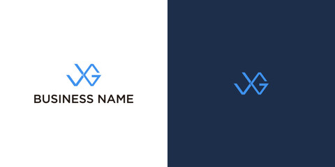Modern minimalist VG monogram logo design in blue on white and navy background