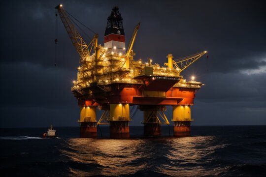 &Ouml;lplattform im Dunkeln mit beleuchteten Maschinen und Meereswellen, Offshore-&Ouml;lindustrie, Bohranlage bei Nacht, maritime Energieproduktion