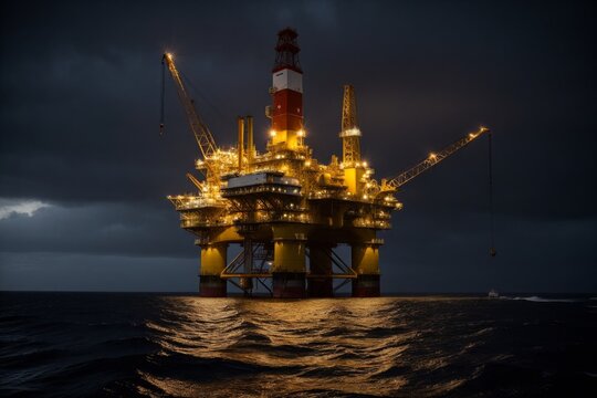 &Ouml;lplattform im Dunkeln mit beleuchteten Maschinen und Meereswellen, Offshore-&Ouml;lindustrie, Bohranlage bei Nacht, maritime Energieproduktion