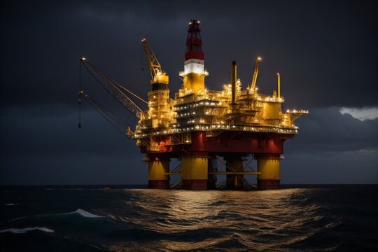 &Ouml;lplattform im Dunkeln mit beleuchteten Maschinen und Meereswellen, Offshore-&Ouml;lindustrie, Bohranlage bei Nacht, maritime Energieproduktion
