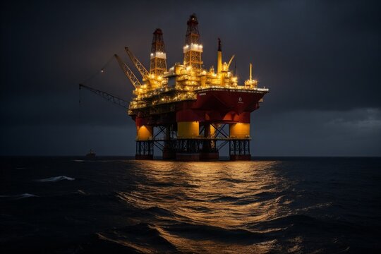 &Ouml;lplattform im Dunkeln mit beleuchteten Maschinen und Meereswellen, Offshore-&Ouml;lindustrie, Bohranlage bei Nacht, maritime Energieproduktion