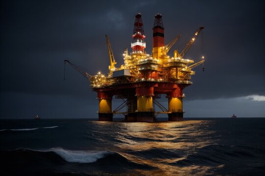 &Ouml;lplattform im Dunkeln mit beleuchteten Maschinen und Meereswellen, Offshore-&Ouml;lindustrie, Bohranlage bei Nacht, maritime Energieproduktion