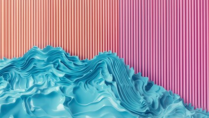 Creativas olas de color azul contrastan con un fondo de rayas rosadas al amanecer, creando un atm&oacute;sfera vibrante y din&aacute;mica en el arte contempor&aacute;neo