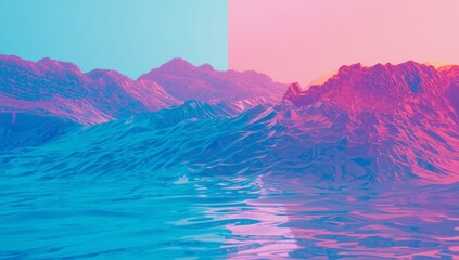 Espacios de color vibrante donde las monta&ntilde;as se encuentran con el agua en un paisaje surrealista al atardecer