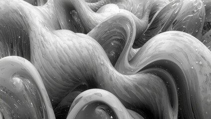 Formas abstractas en blanco y negro que evocan movimiento y fluidez en un mundo de texturas suaves en un entorno surrealista