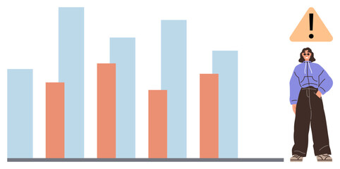 Fototapeta premium Vertical bar chart with blue and orange bars, yellow warning triangle, and casually dressed person. Ideal for analytics, alerts, decision-making, risk, human impact, data trends simple flat metaphor