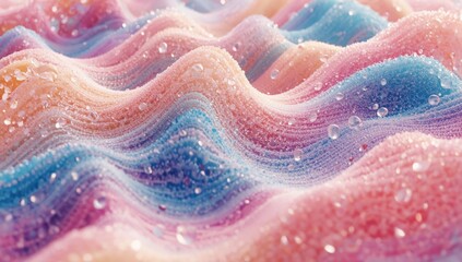 Textura suave de ondas de colores pastel con gotas de agua brillando bajo la luz suave del atardecer que evoca una sensaci&oacute;n de calma y serenidad en la naturaleza