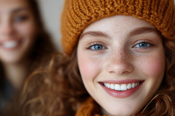 Cheerful young woman with freckles, red hair, and a mustard yellow beanie smiles brightly, radiating warmth and happiness in a close-up portrait.