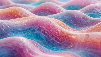 Formas undulatorias en tonos vibrantes, reflejando la luz y la humedad en un entorno m&aacute;gico y et&eacute;reo