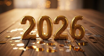 Golden 2026 balloons on a wooden surface with confetti and bokeh lights