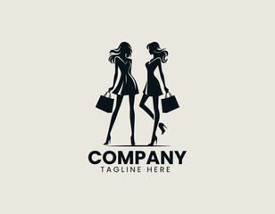 Stylish fashionable woman silhouette vector logo illustration holding multiple shopping bags after successful purchase. Business concept