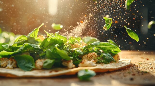 Fresh herb topping preparation kitchen food photography warm lighting close-up culinary art