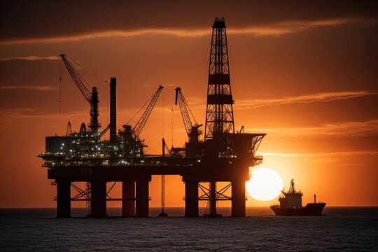 &Ouml;lplattform im Meer bei Sonnenuntergang, Offshore-&Ouml;lindustrie, Bohrinsel vor einer dramatischen Skyline, Energieproduktion und maritime Infrastruktur