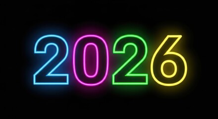 Vibrant neon 2026 year display against a stark black background glow