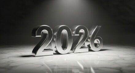 A shiny silver 2026 number on a marble surface under a spotlight
