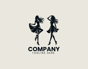 Dynamic fashionable young woman silhouette vector logo illustration in short dress and high heels striking playful pose. Fashion concept