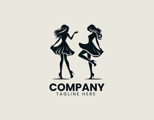Dynamic fashionable young woman silhouette vector logo illustration in short dress and high heels striking playful pose. Fashion concept