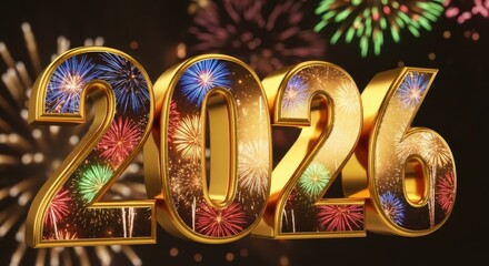 A festive 3d rendering of the year 2026 with colorful fireworks display