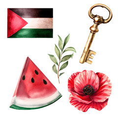 Watercolor illustration of an antique key, a Palestinian flag, an olive branch, poppies, and a watermelon painted on a white background. Ideal for cultural events about Palestine.