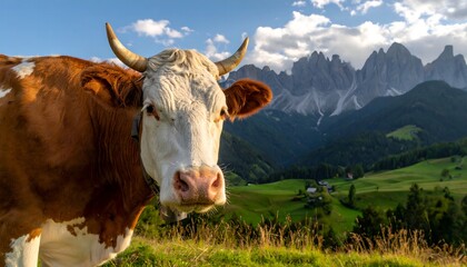 A brown and white cow with horns stands in a grassy foreground, with lush green valley pastures and the dramatic, jagged peaks of a mountain range in the background under a partly cloudy sky