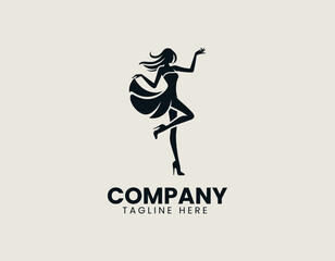 Dynamic fashionable young woman silhouette vector logo illustration in short dress and high heels striking playful pose. Fashion concept