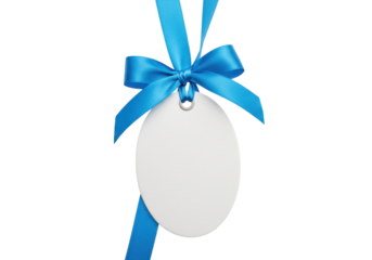 Isolated gift tag with blue satin ribbon bow for present package, party favor, sale price