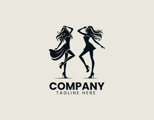 Dynamic fashionable young woman silhouette vector logo illustration in short dress and high heels striking playful pose. Fashion concept