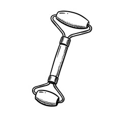 Facial roller tool for skincare routine, black and white vector illustration on transparent background