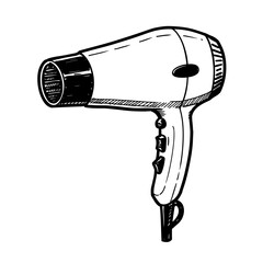 Hair dryer illustration with black and white line art design on transparent background  