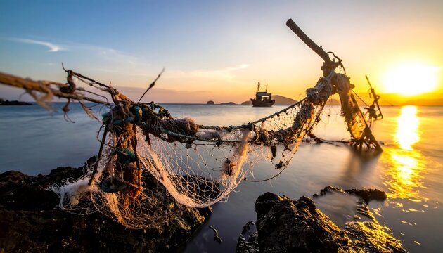 Scenic coastal shot featuring a fishing net, ship, and a colorful sunset