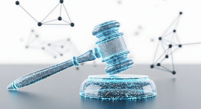 A digital gavel resting on its block with network connections in the background on a gray surface