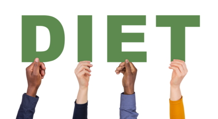 Diet - hands holding colorful letters isolated on white or transparent background