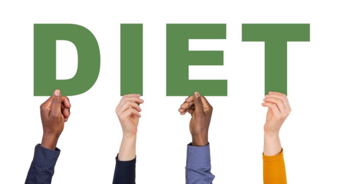 Diet - hands holding colorful letters isolated on white or transparent background	