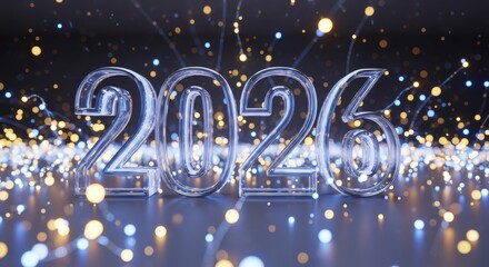 Sleek 3d rendering of the year 2026 with silver numbers and bokeh lights