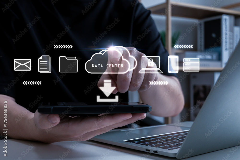 Wall mural Data Center. business people backup file on data protection application program on mobile smartphone, cybersecurity, backup storage management, internet network security technology concept