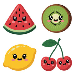 Cute kawaii fruit characters with happy faces and big eyes