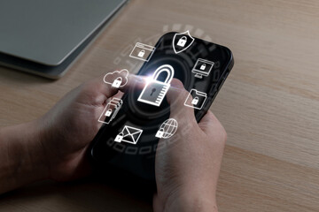 Virus Protection. people hand using data protection application on mobile smartphone, backup storage management, firewall, data protection, internet network technology, cloud storage concept