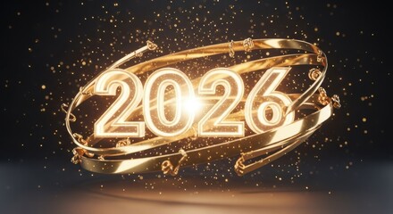 Golden 2026 new year celebration with ribbon and sparkling particles